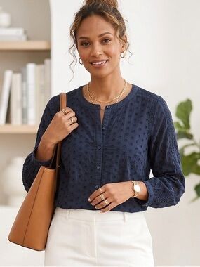 Talbots Navy Blue Swiss Dot Button-Front Blouse